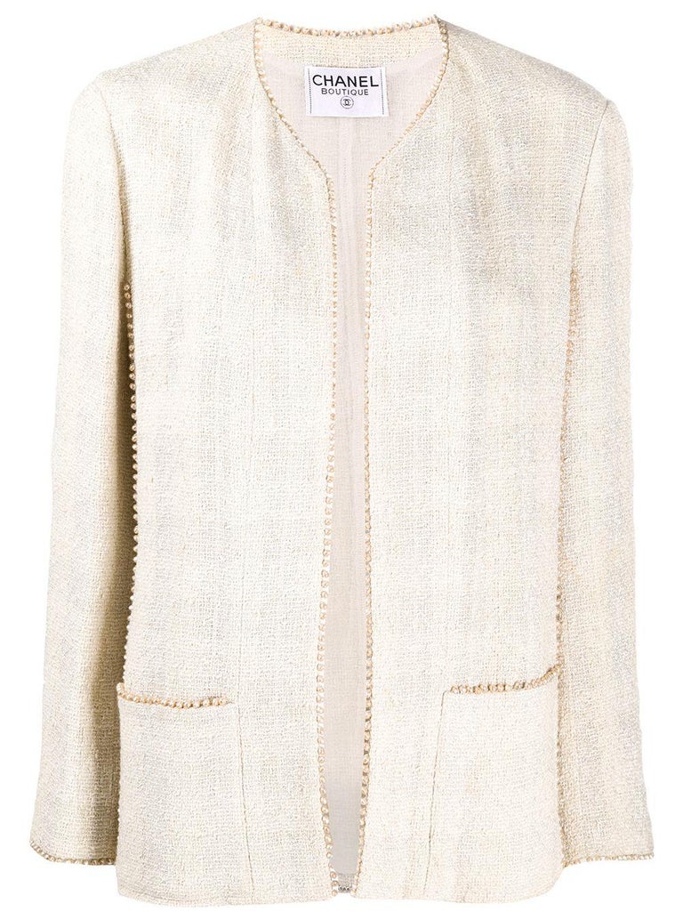 Chanel Ivory Beaded Trim Tweed Jacket at 1stDibs