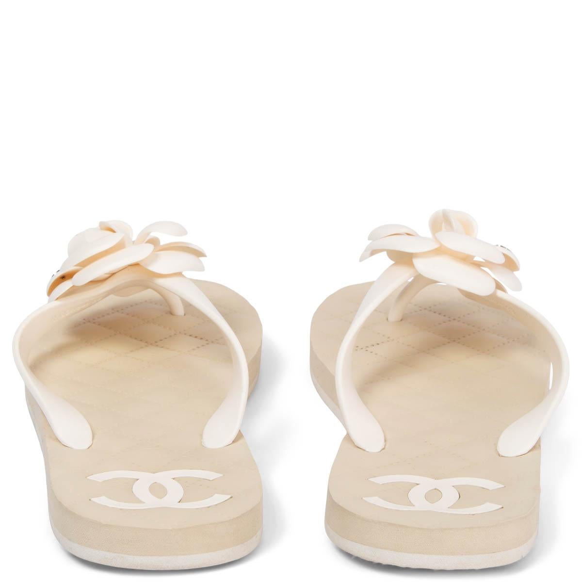 Women's CHANEL ivory & beige rubber 2019 19C LA PAUSA CAMELLIA Thongs Sandals Shoes 38