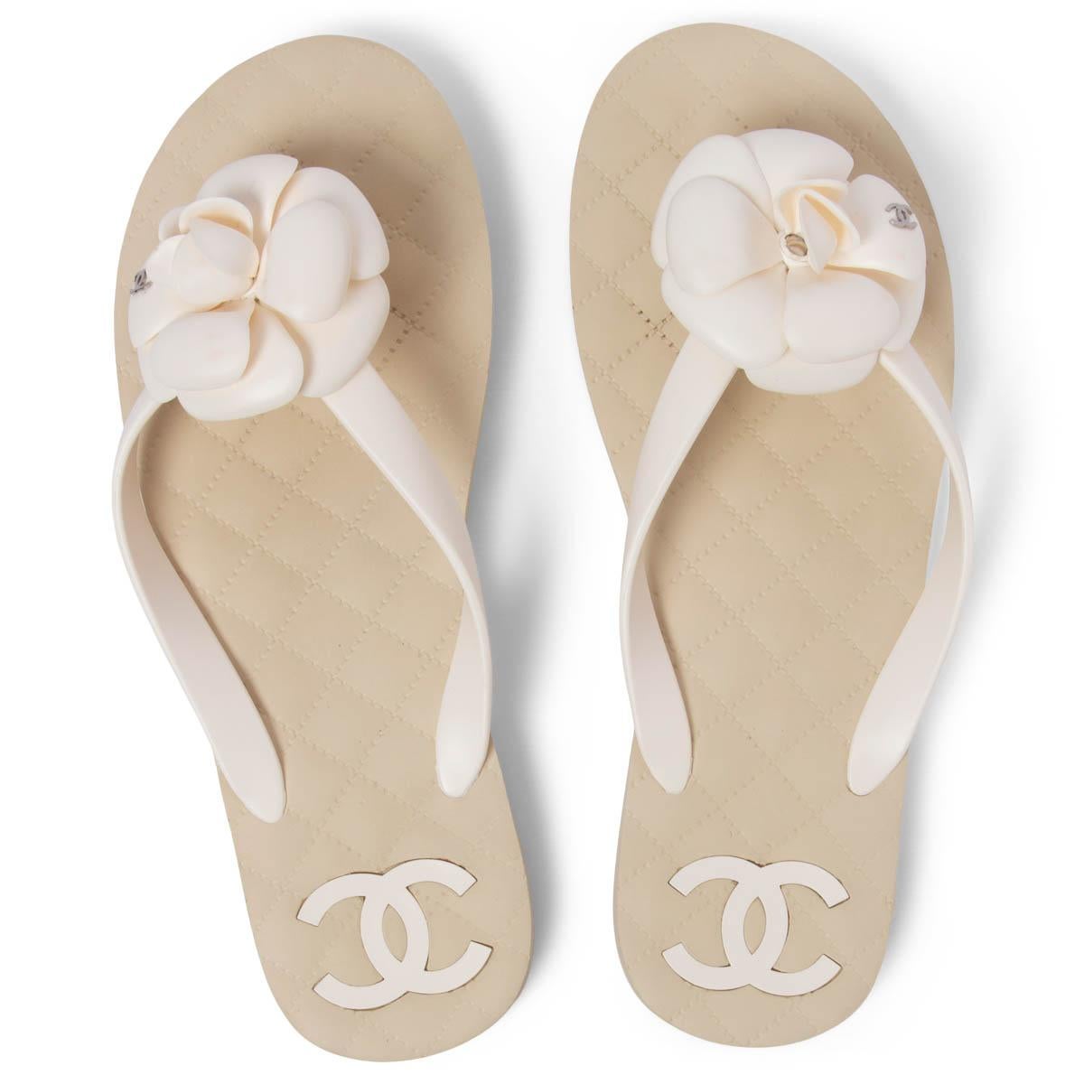 CHANEL ivory & beige rubber 2019 19C LA PAUSA CAMELLIA Thongs Sandals Shoes 38 1