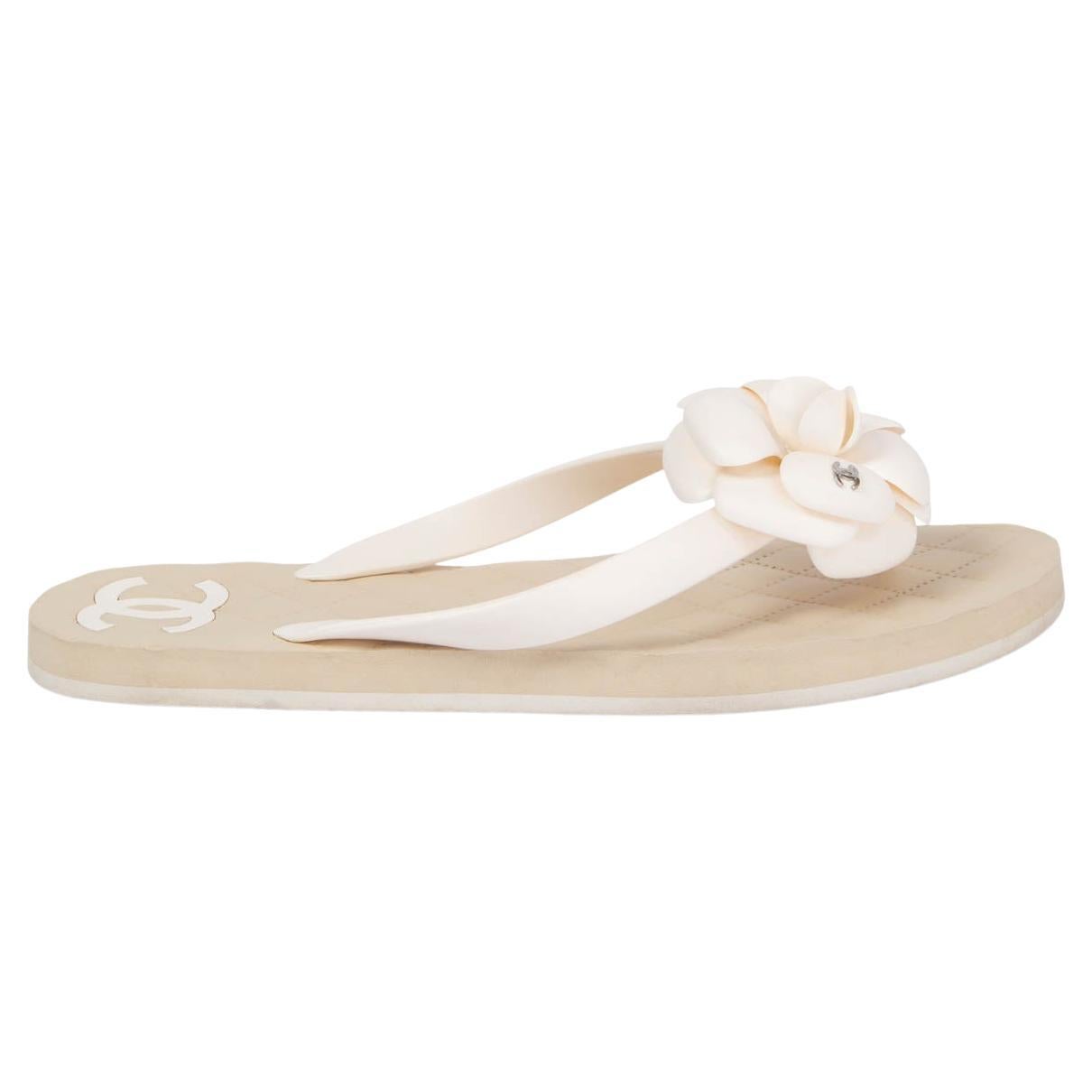 CHANEL ivory & beige rubber 2019 19C LA PAUSA CAMELLIA Thongs Sandals Shoes 38