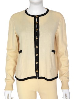 Chanel Ivory Black AW 1991 Vintage Rib Wool Knit Cardigan and Leggings Set - 40