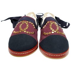 Chanel Ivory Black Bordeaux Canvas CC Lace Up Espadrilles Size 37.5 FR