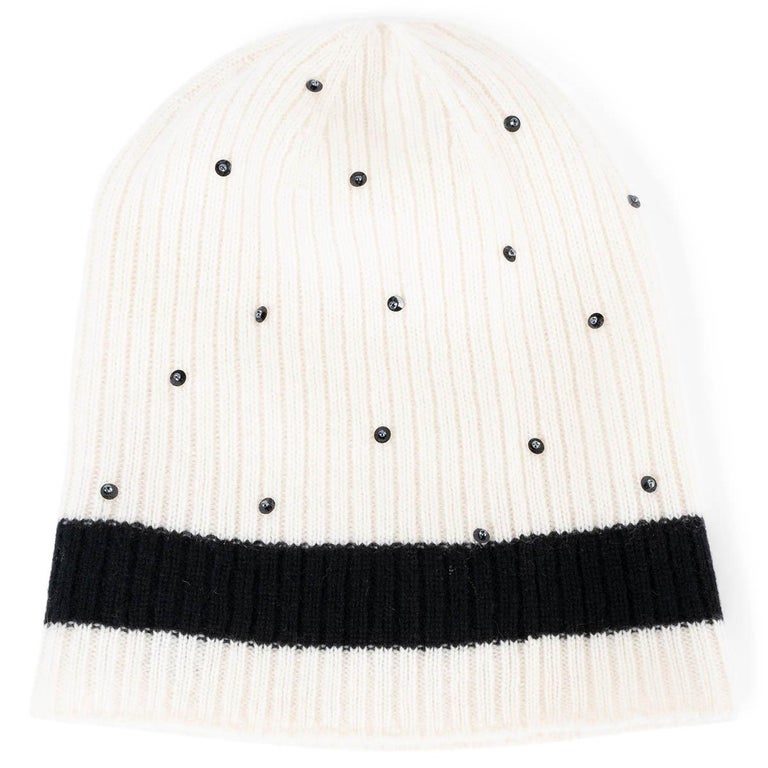 CHANEL ivory and black cashmere PEARL RIB-KNIT Beanie Hat For Sale