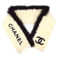 CHANEL Ivory Black CC Logo Fur Cotton Wool Blend Scarf