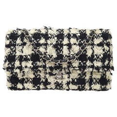 Chanel Ivory Black Checker Stripe Tweed Sequin Medium Silver Shoulder Flap Bag