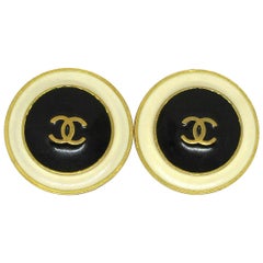 Chanel Ivory Black Gold Enamel Metal Round Evening Stud Button Earrings