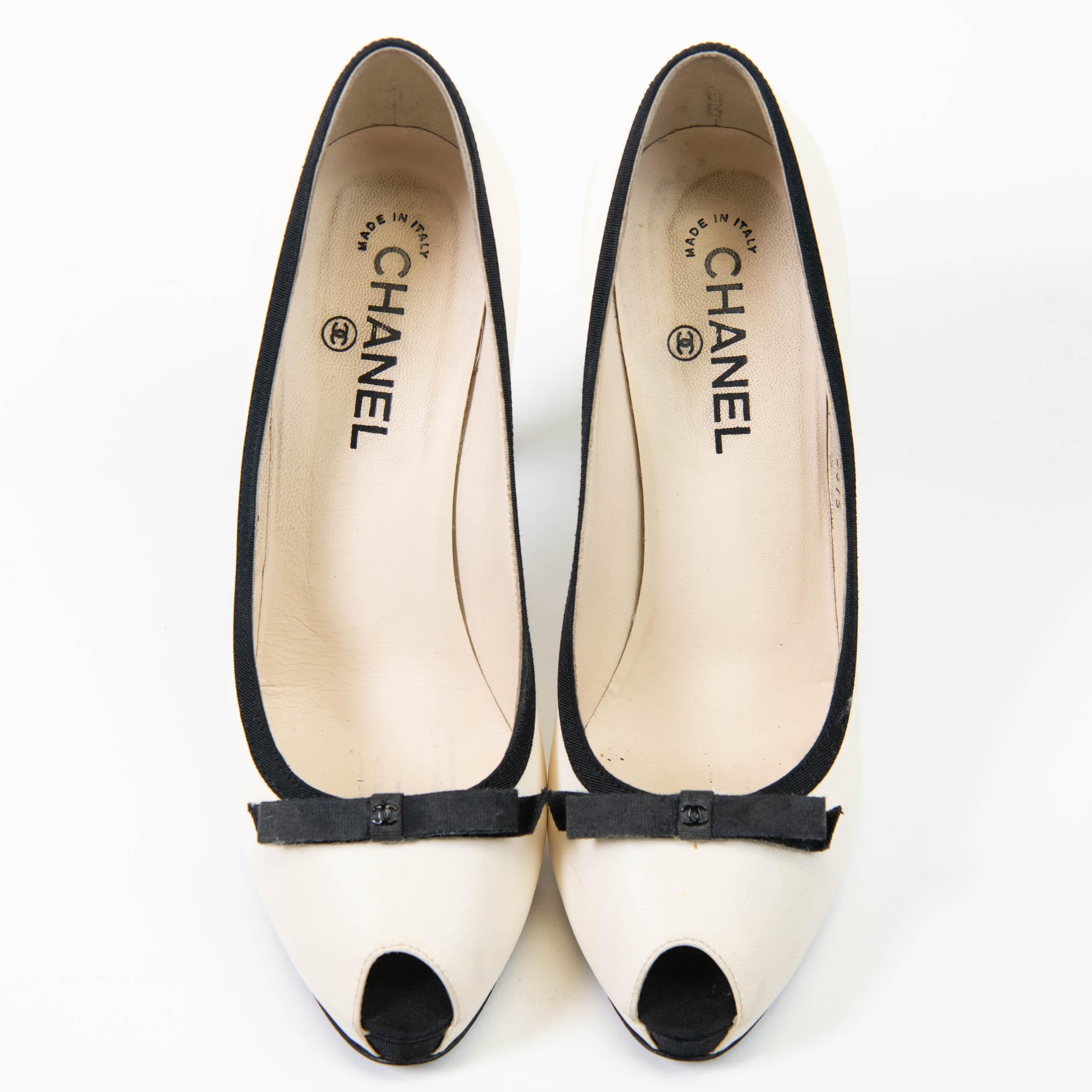 Chanel Ivory & Black Lambskin Peep Toe Pumps  Black Ribbon Trim Size 40 1