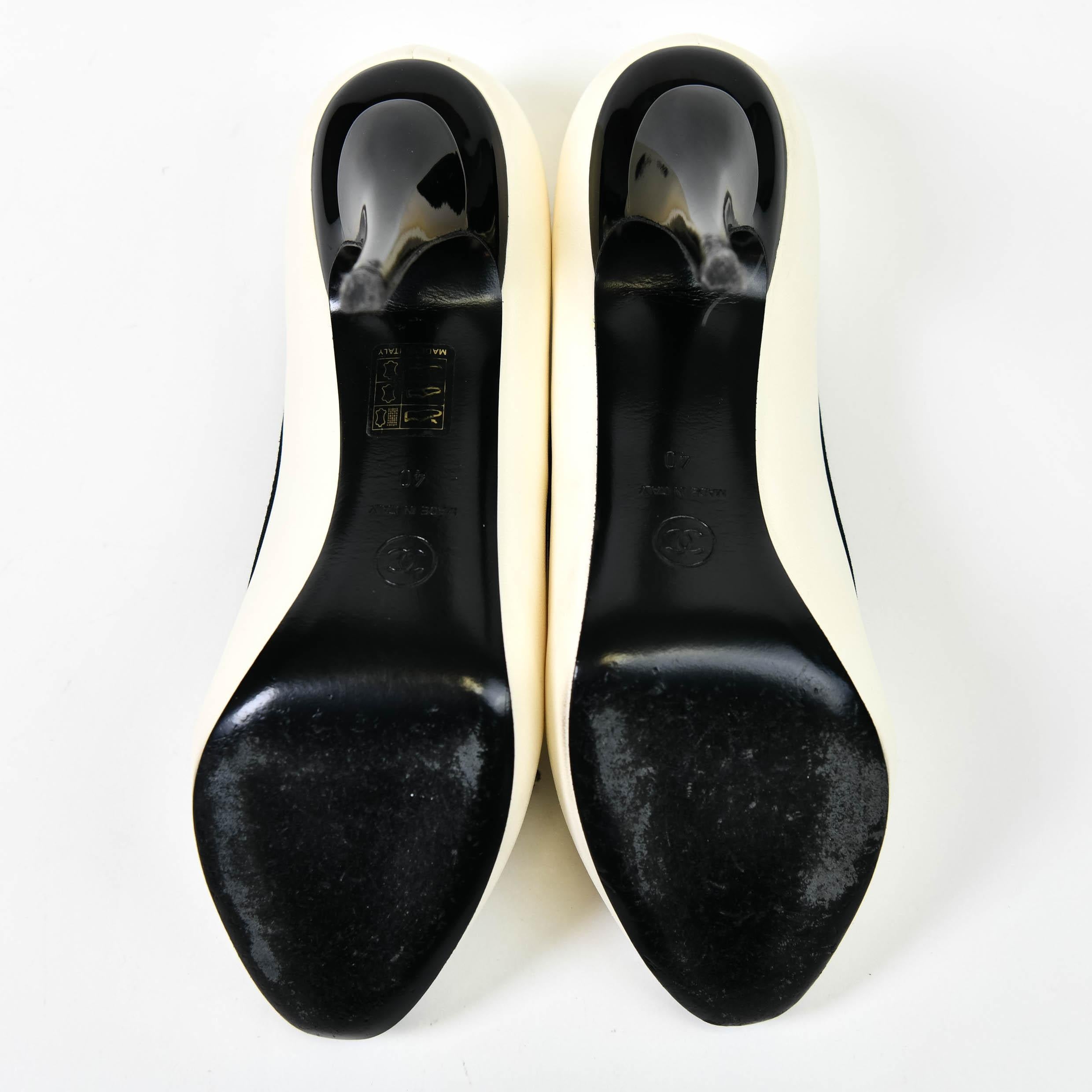 Chanel Ivory & Black Lambskin Peep Toe Pumps  Black Ribbon Trim Size 40 2