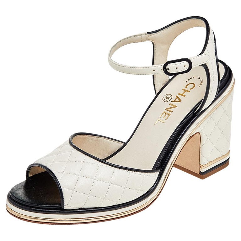 Chanel Ivory/Black Quilted Leather CC Block Heel Ankle Strap