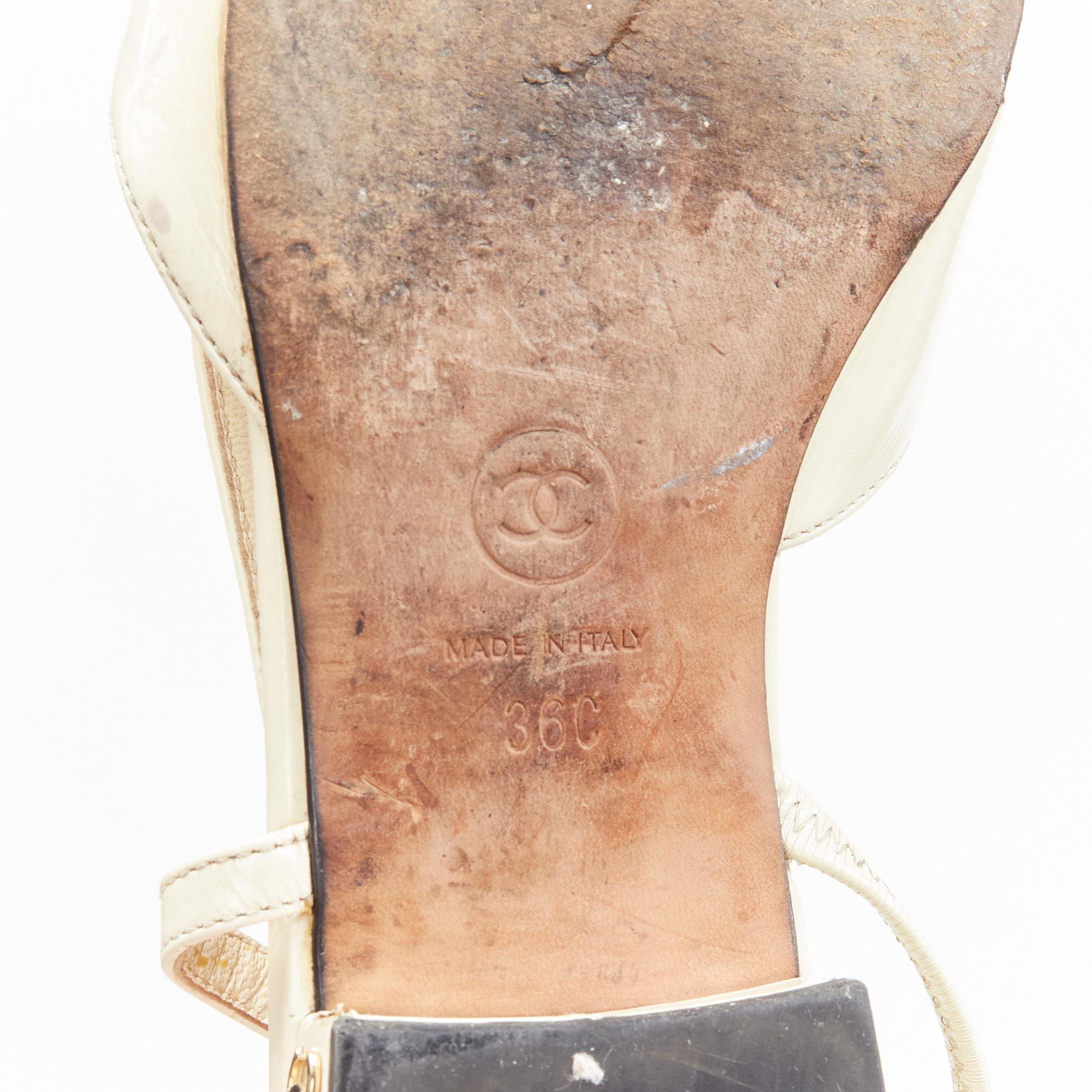 CHANEL ivory black toe cap patent leather sling back CC heel flats EU36 3