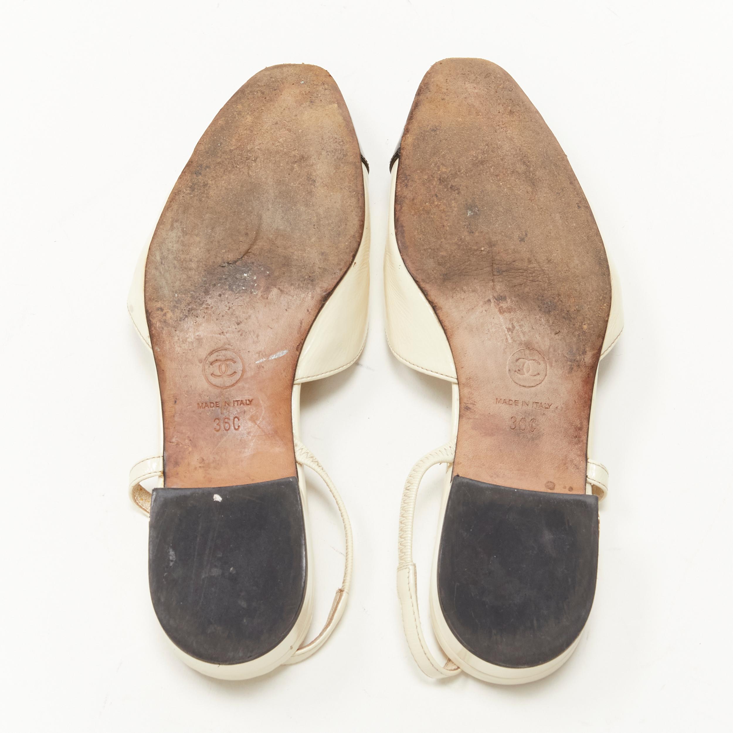 CHANEL ivory black toe cap patent leather sling back CC heel flats EU36 4