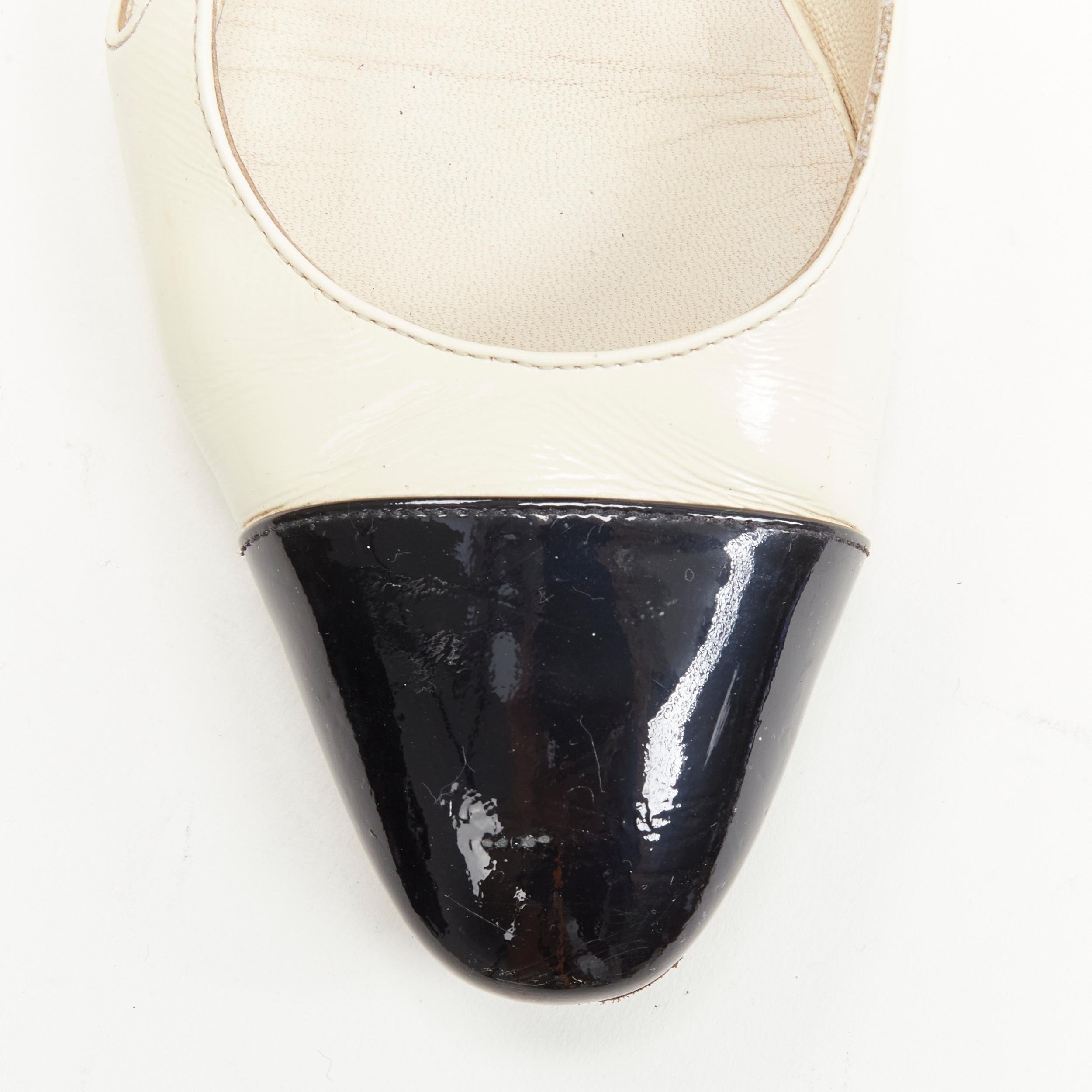 White CHANEL ivory black toe cap patent leather sling back CC heel flats EU36
