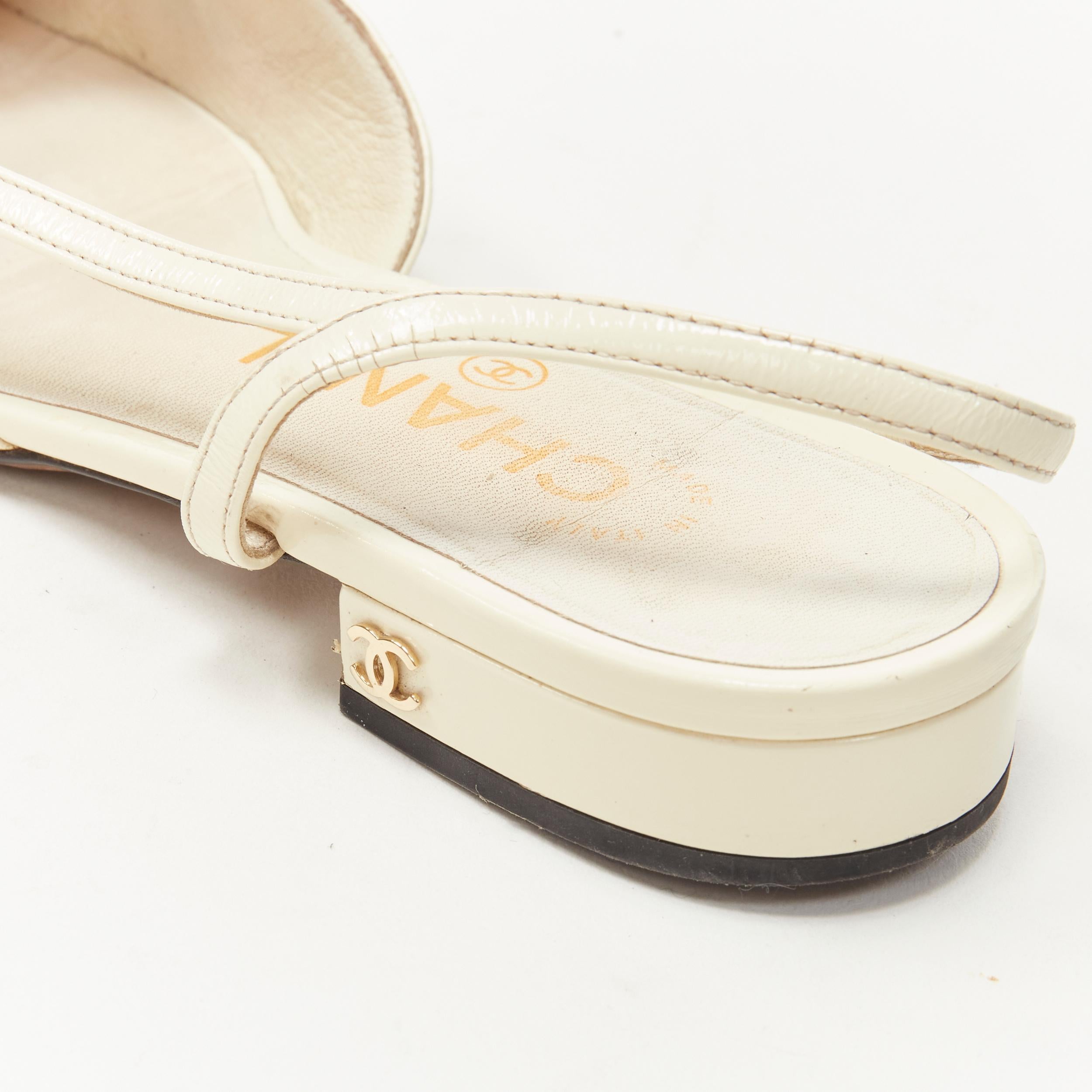 Women's CHANEL ivory black toe cap patent leather sling back CC heel flats EU36