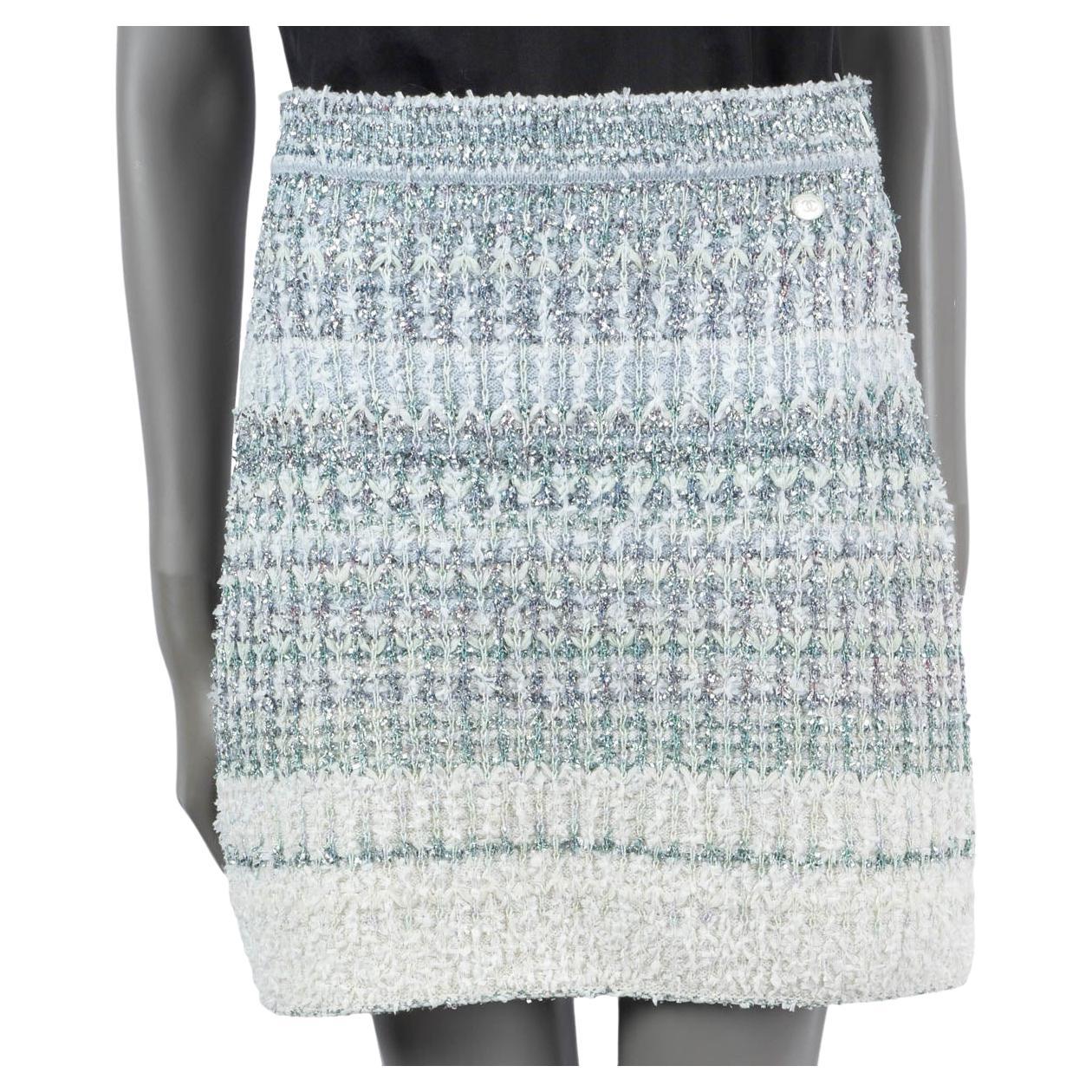 CHANEL ivory & blue cashmere 2018 18S WATERFALL LUREX KNIT Skirt 40 M