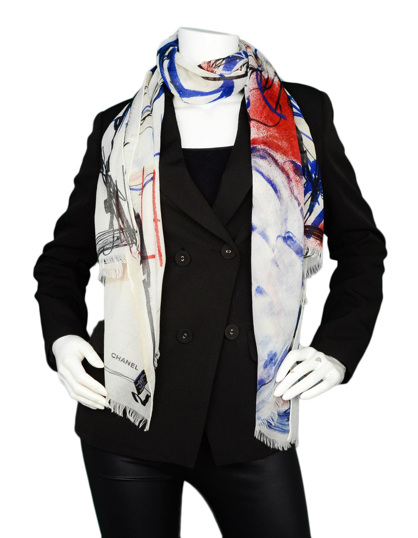 Chanel Ivory/Blue Cashmere/Silk Graffiti Print Stole/Silk

Made In: Italy
Year of Production: 2015
Color: Ivory/blue
Materials: 80% cashmere, 20% silk
Overall Condition: 
Estimated Retail: $825 + tax
Includes: Chanel tag

Measurements: 
25