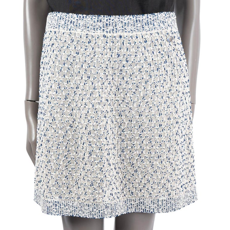 CHANEL ivory and blue silk and cotton 2017 17P KNIT Skirt 38 S For