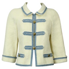 Chanel - Veste en tweed bordée de bleu ivoire  Taille US 4