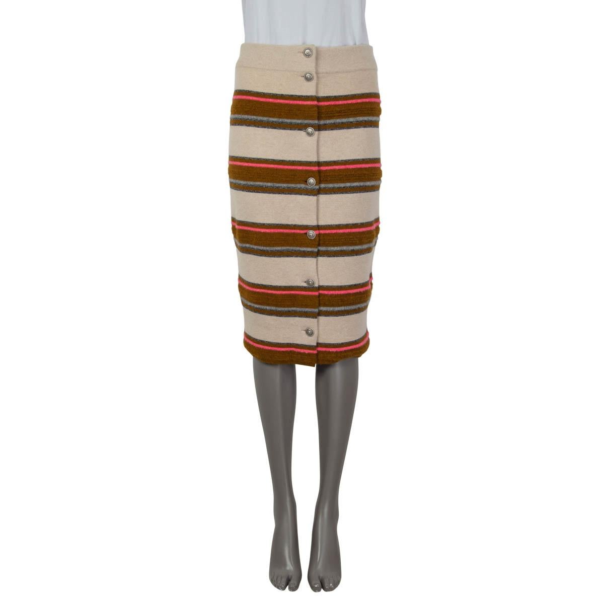 100% authentic Chanel 2014 Dallas striped skirt in ivory, brown, gray and pink cashmere (100%). Opens with seven buttons on the front. Unlined. Has been worn and is in excellent condition.

Measurements
Model	14A
Tag Size	36
Size	XS
Waist	72cm