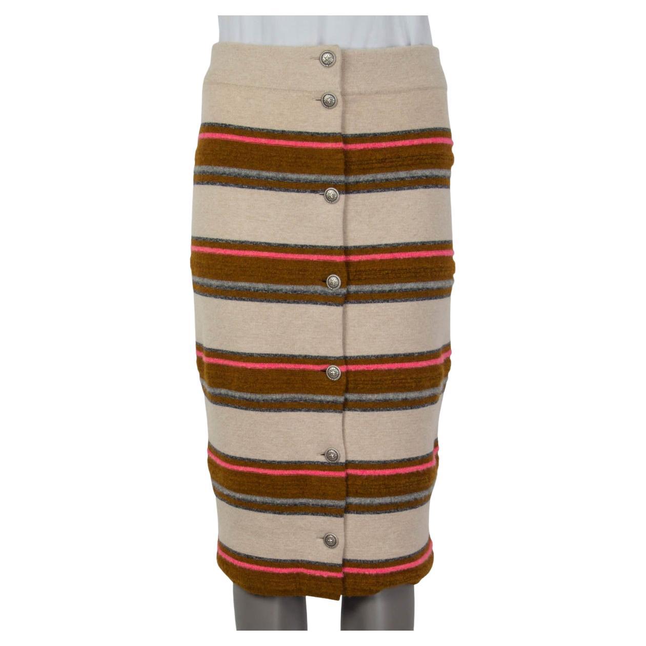CHANEL ivory brown orange cashmere 2014 DALLAS STRIPED Skirt 36 XS