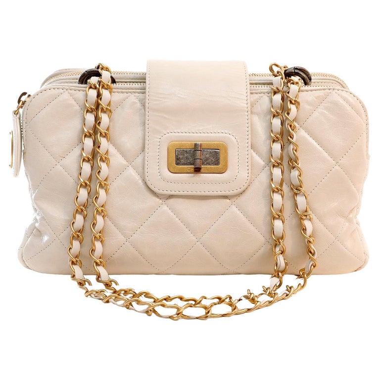 Chanel Cream Quilted and Black Calfskin Flap Bag Gold Hardware, 2012