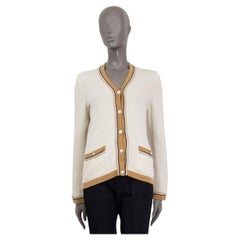 CHANEL ivory & camel cashmere CROCHET TRIM Cardigan Sweater 40 M