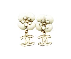 Chanel Ivory Camellia CC Dangle Piercing Earrings
