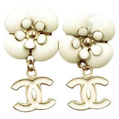 Chanel Ivory Camellia CC Dangle Piercing Earrings