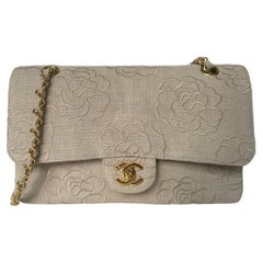 Chanel Ivory Canvas Camellia Embroidered Medium 10" Double Flap Classic