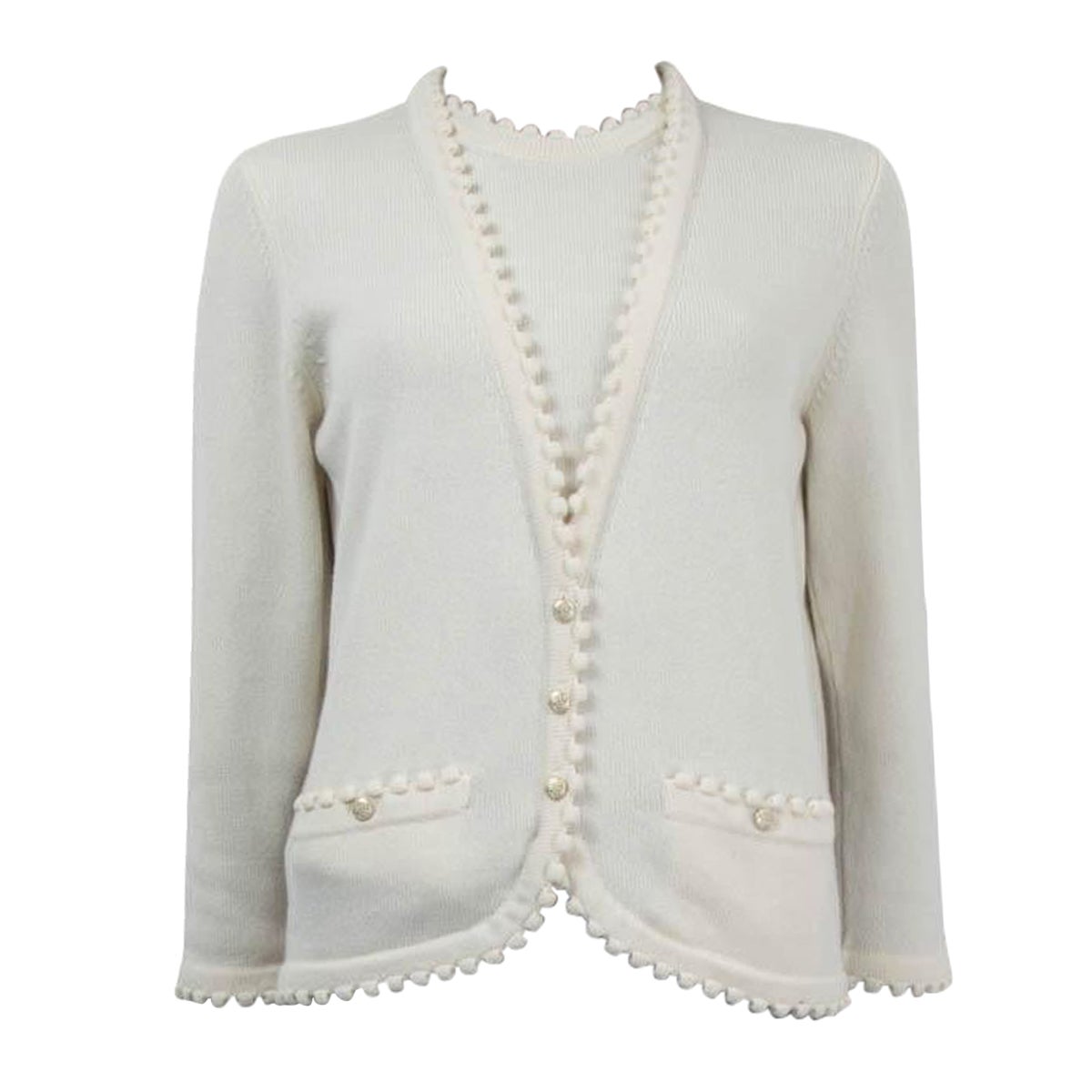 CHANEL marfil cachemira 2018 18B POMPOM TRIM FAUX TWINSET Suéter 40 M