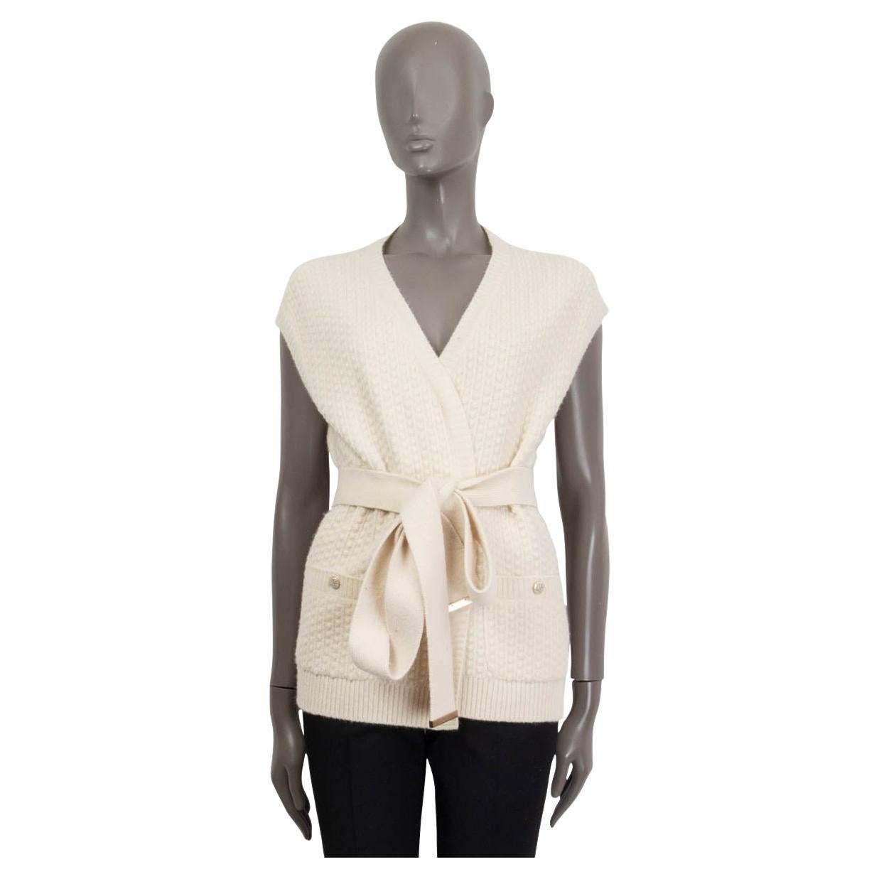 CHANEL ivory cashmere 2018 BELTED SLEEVELESS Knit Cardigan Sweater 40 M For Sale