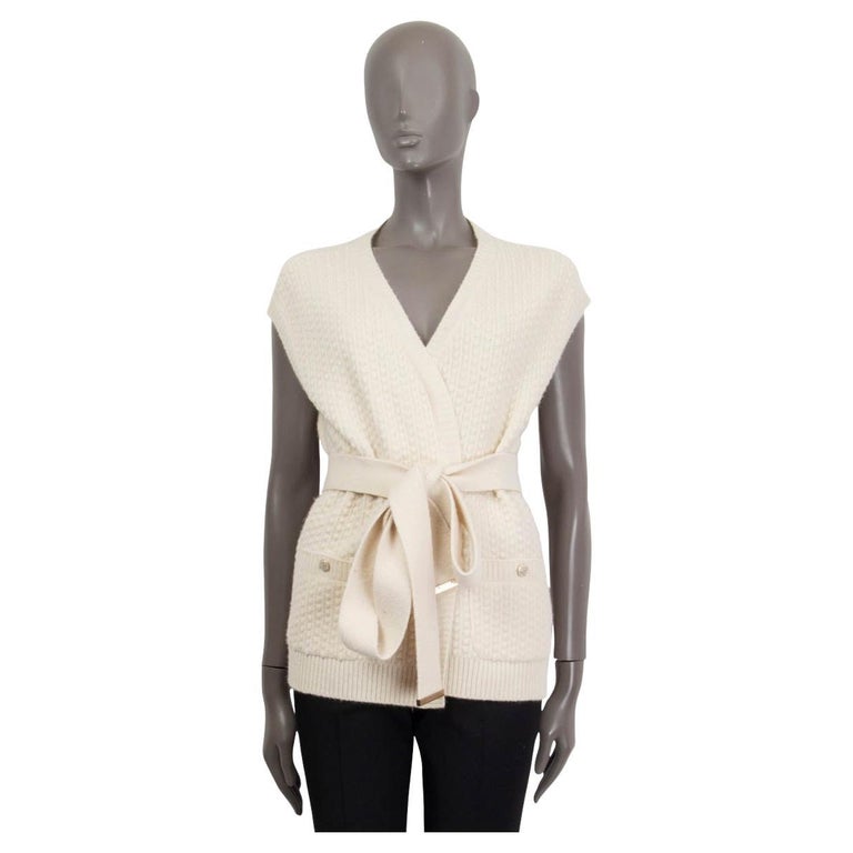 CHANEL ivory cashmere 2018 BELTED SLEEVELESS Knit Cardigan Sweater