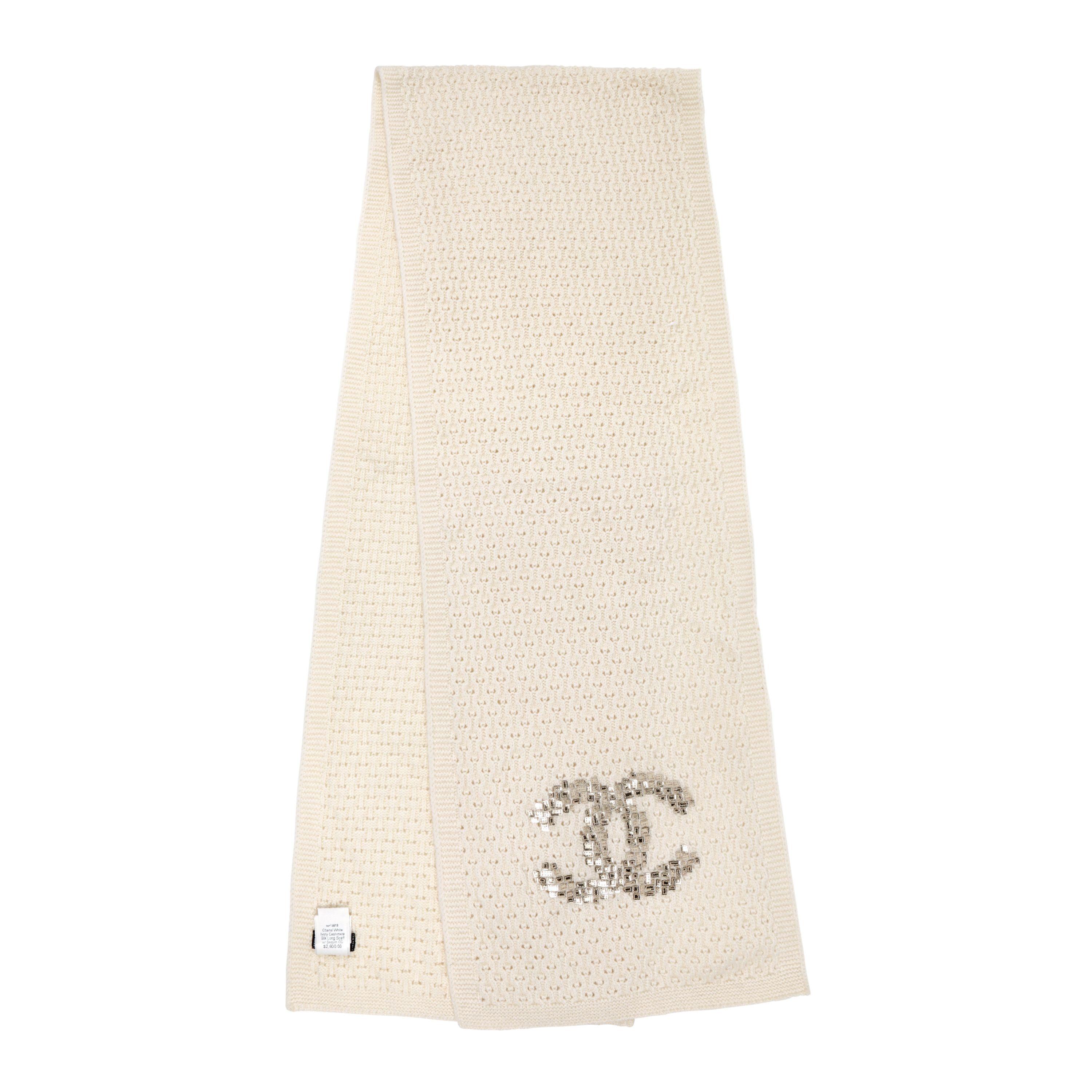 Chanel Ivory Cashmere and Silk Scarf with Sequin CC In Excellent Condition For Sale In Palm Beach, FL