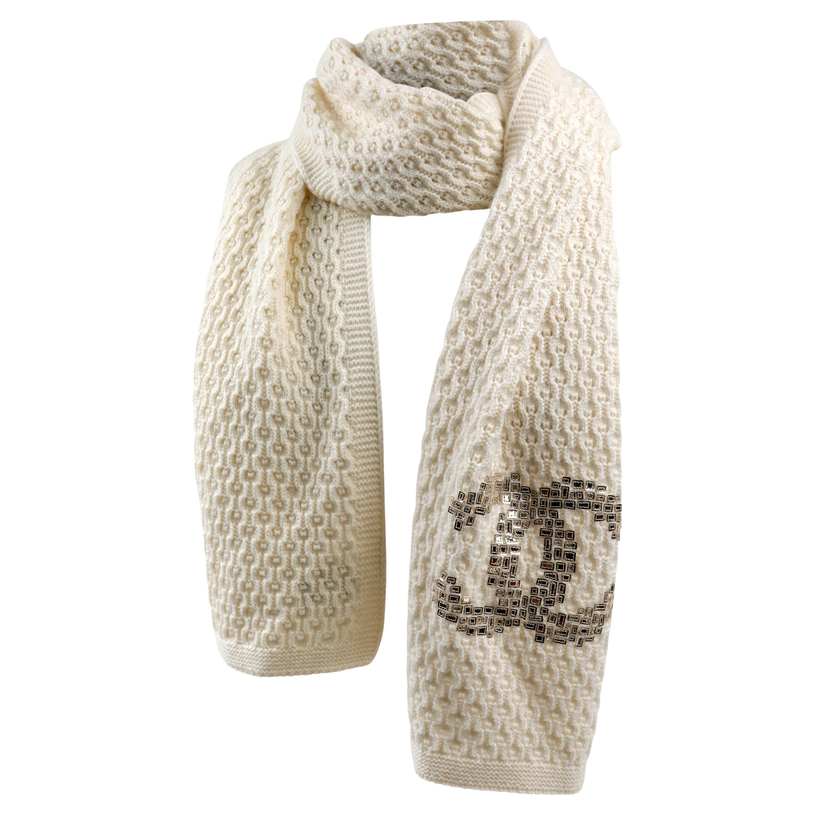 Chanel Ivory Cashmere and Silk Scarf with Sequin CC For Sale