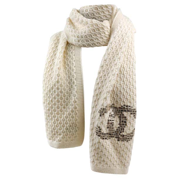 Chanel Rion Scarf Chanel Ivory Cashmere and Silk Scarf with Sequin CC For Sale at 1stDibs