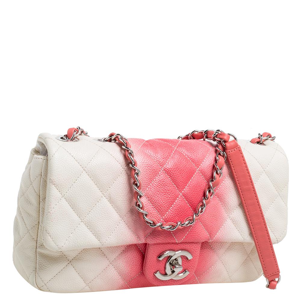 Chanel Ivory/Coral Ombre Quilted Caviar Leather Medium Classic Single Flap Bag In Good Condition In Dubai, Al Qouz 2
