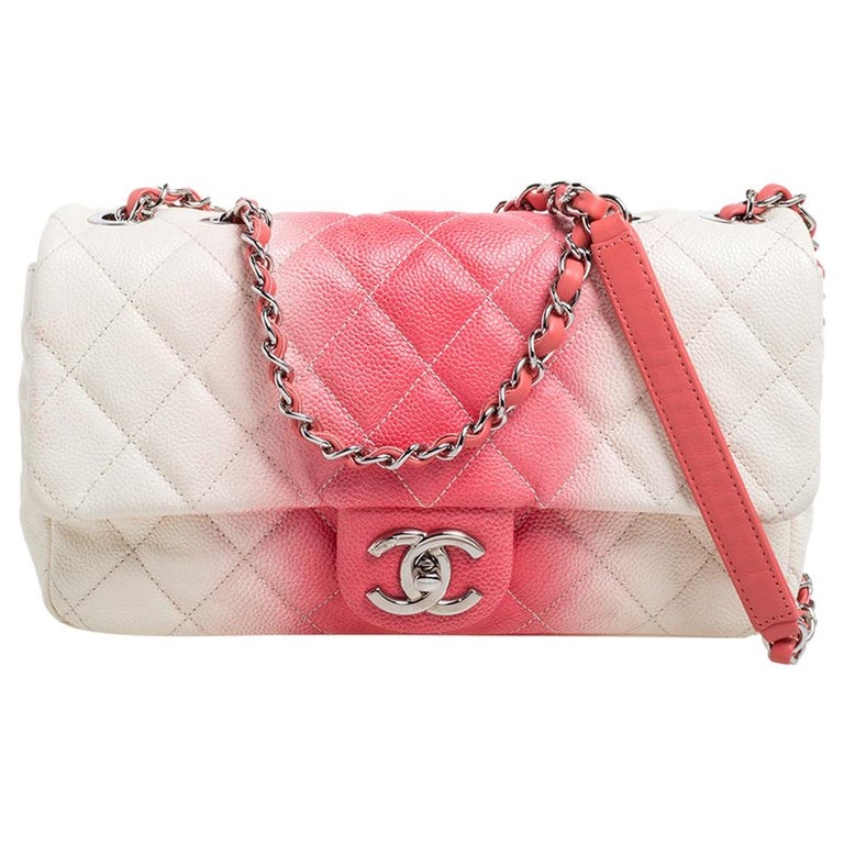 Chanel Ivory/Coral Ombre Quilted Caviar Leather Medium Classic Single Flap  Bag