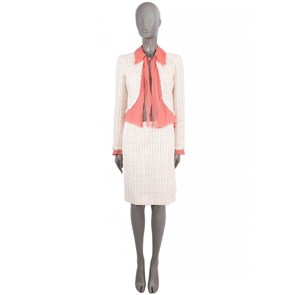CHANEL ivory & coral wool blend 2004 04C PUSSY BOW SILK & TWEED Jacket 38 S For Sale 8