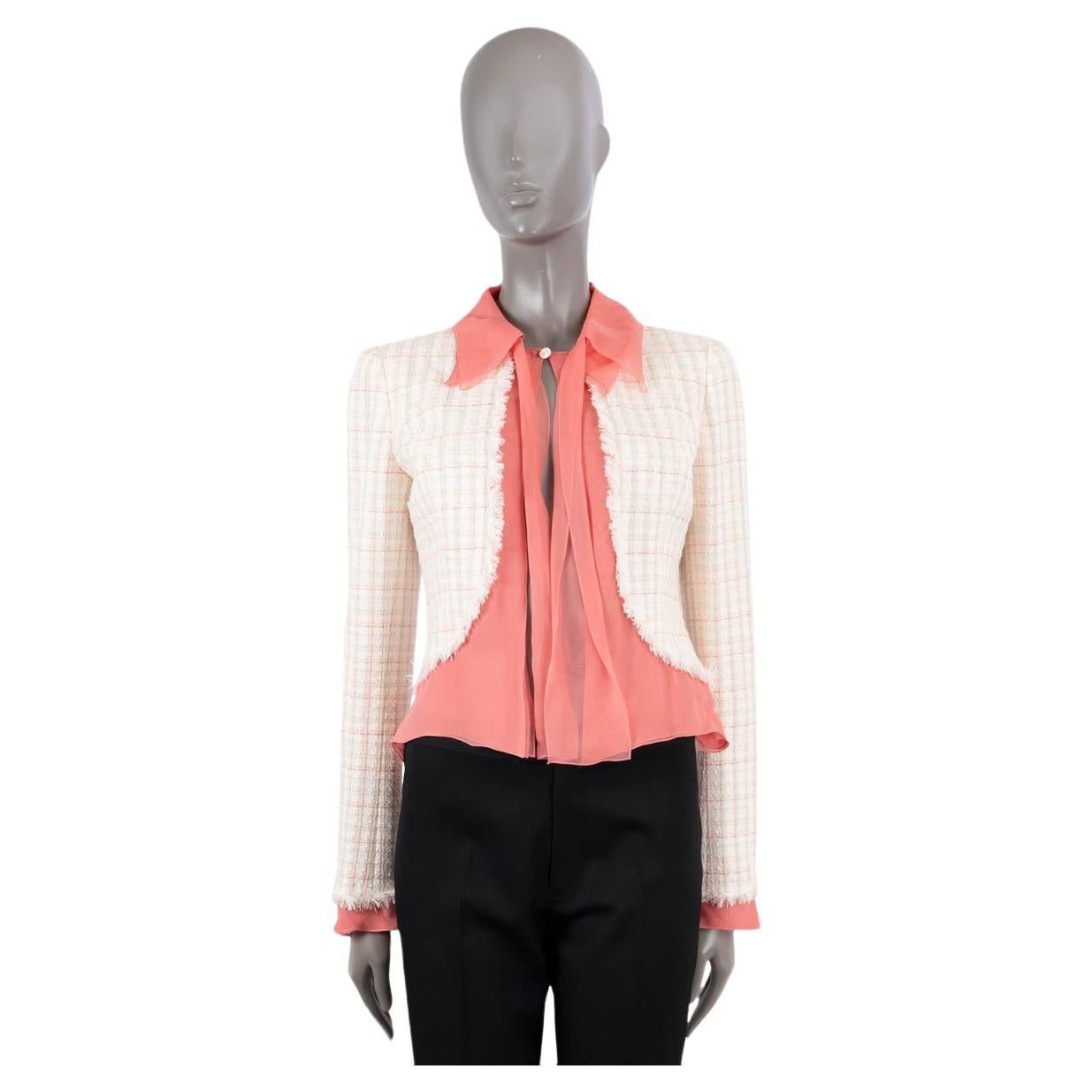 CHANEL ivory & coral wool blend 2004 04C PUSSY BOW SILK & TWEED Jacket 38 S For Sale