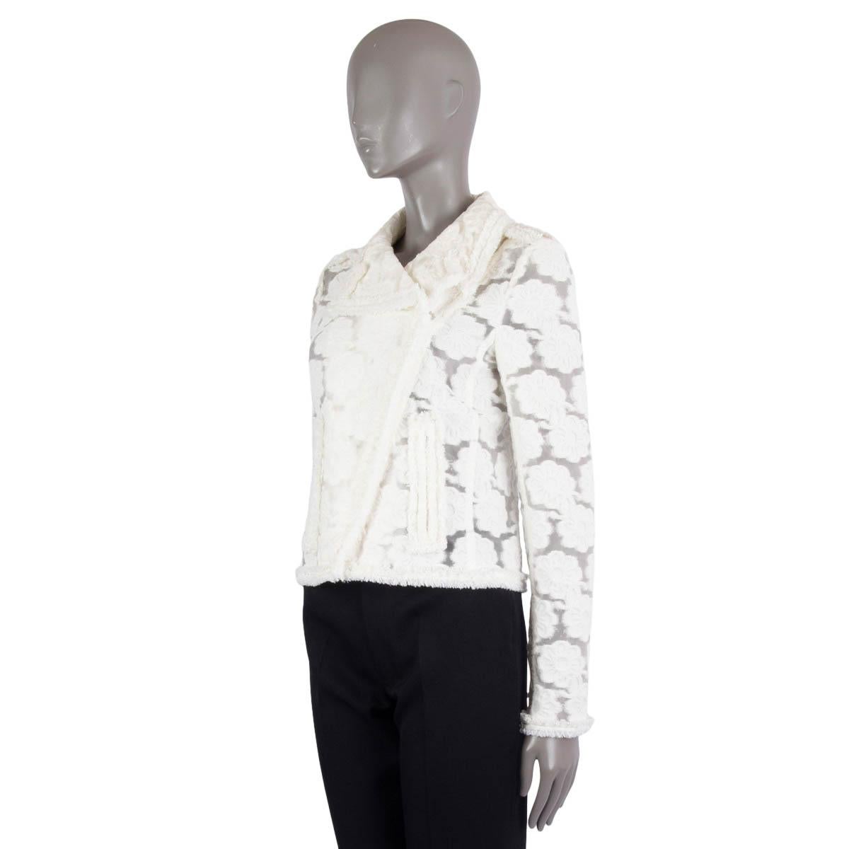 Women's CHANEL ivory cotton 2009 09C SHEER CAMELLIA BIKER Jacket 38 S For Sale