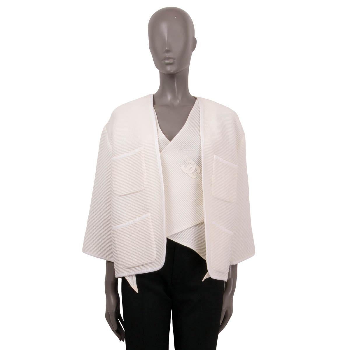 Gray CHANEL ivory cotton 2012 12S LAYERED TIE-FRONT KNIT Jacket 38 S For Sale