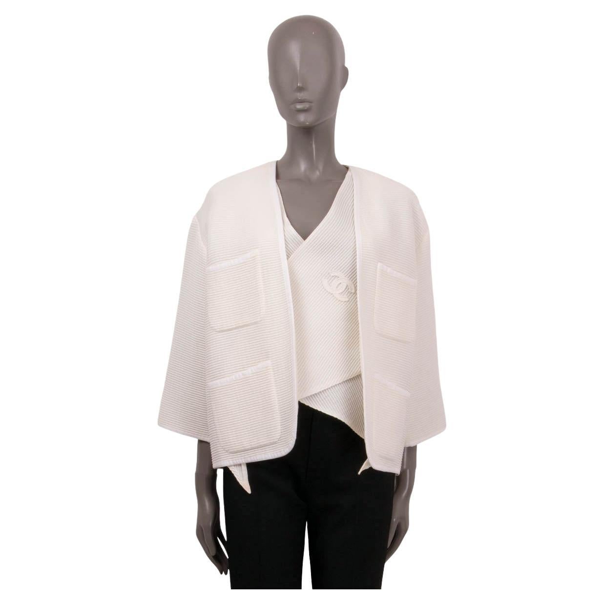 CHANEL ivory cotton 2012 12S LAYERED TIE-FRONT KNIT Jacket 38 S For Sale