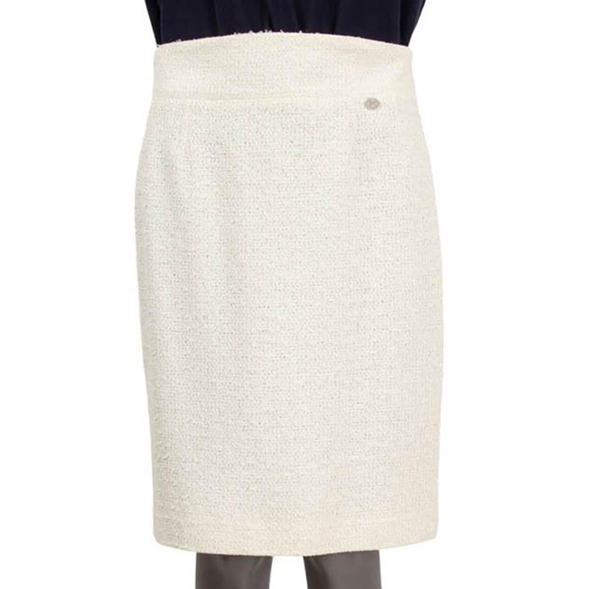 Beige CHANEL ivory cotton blend 2009 09P TWEED Skirt 44 XL For Sale