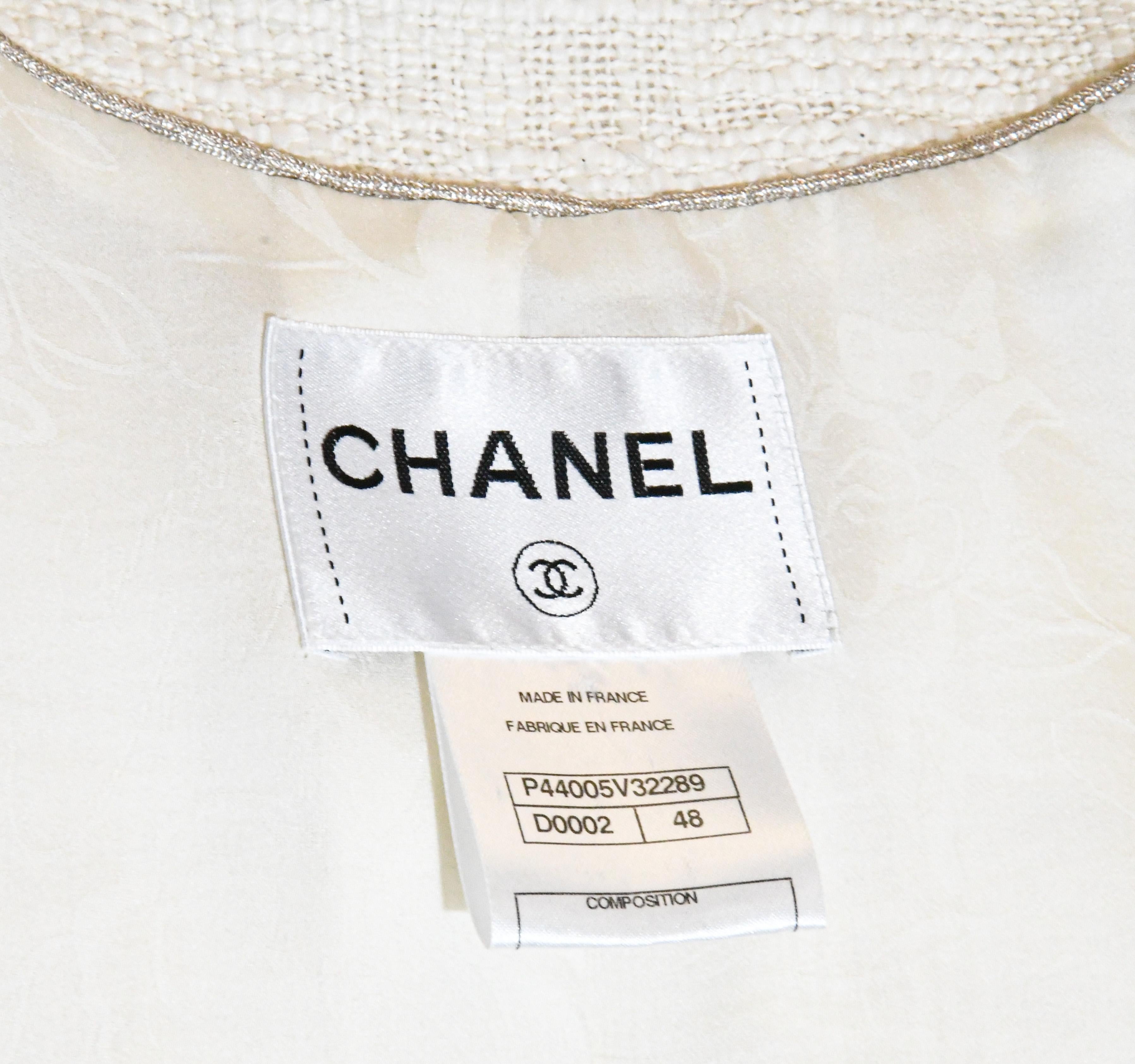 Gray Chanel Ivory Cotton Tweed Jacket With Gold Tone Chanel Buttons