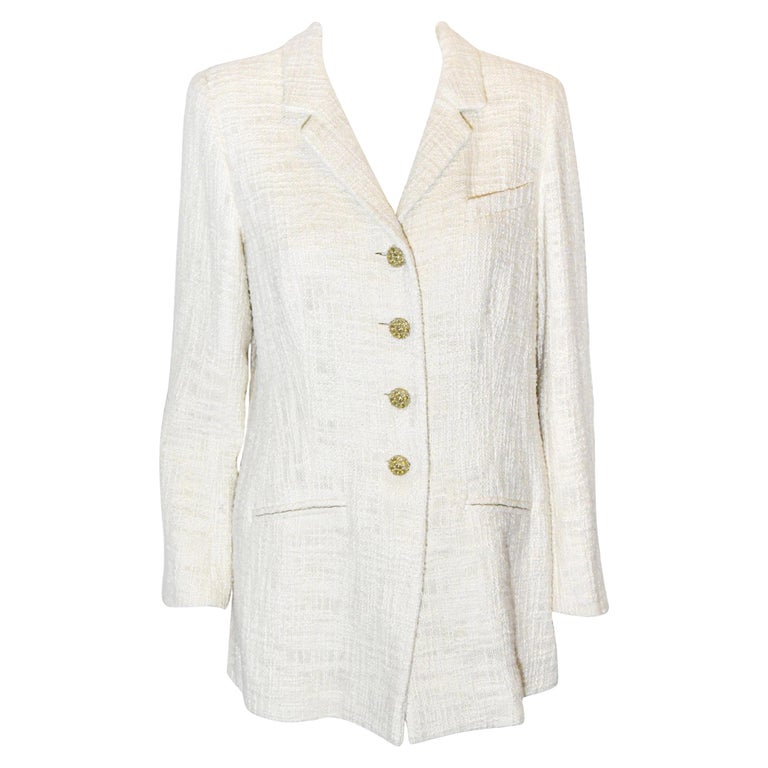 Chanel Ivory Cotton Tweed Jacket With Gold Tone Chanel Buttons at