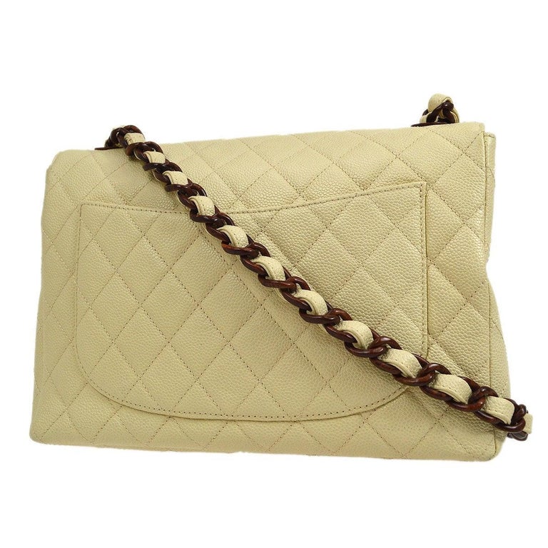 CHANEL Ivory Cream Caviar Leather Brown Tortoise Plastic Jumbo Shoulder  Flap Bag For Sale at 1stDibs
