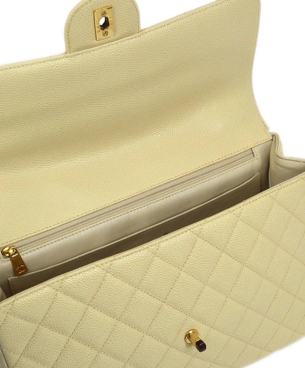 White CHANEL Ivory Cream Caviar Leather Brown Tortoise Plastic Jumbo Shoulder Flap Bag