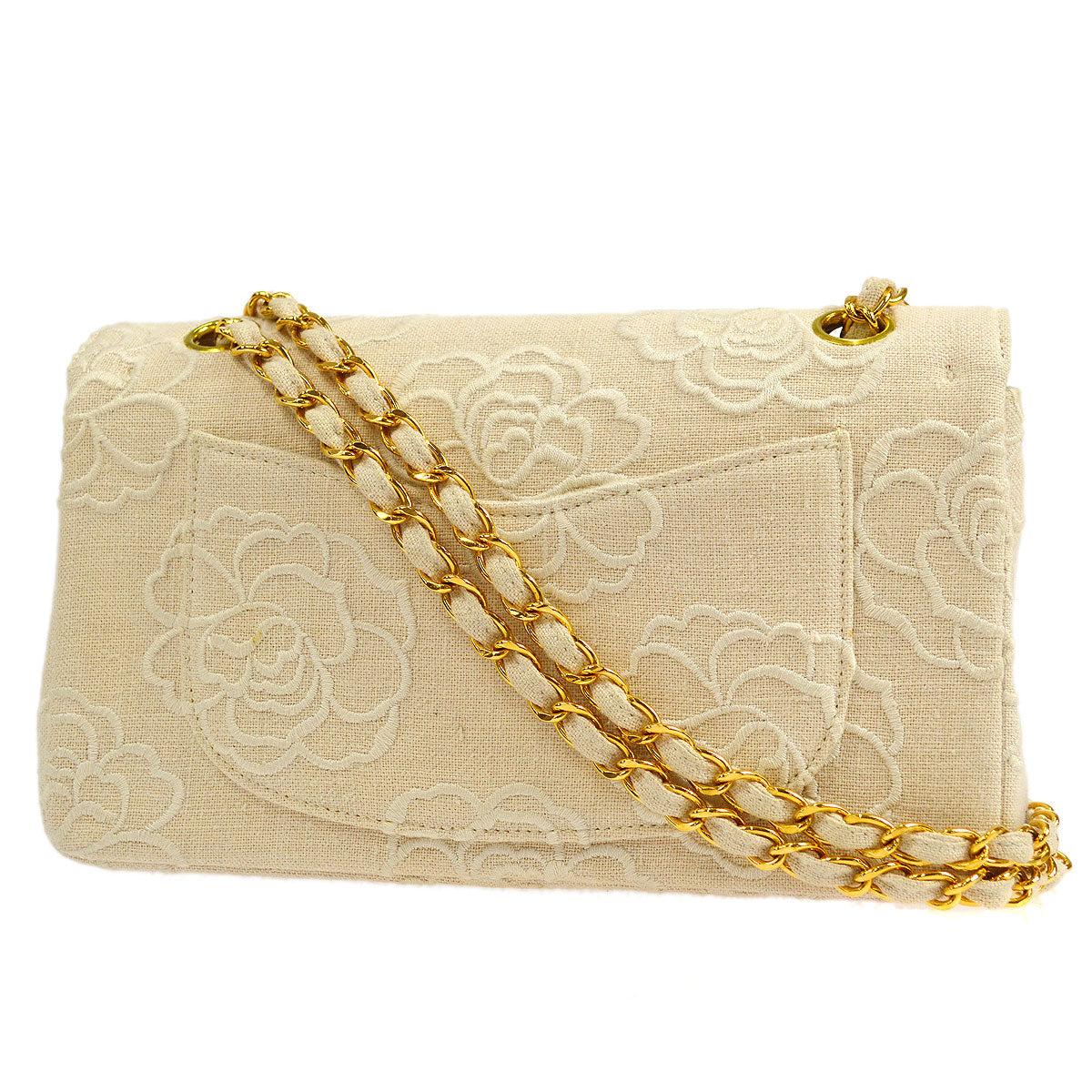 CHANEL Ivory Cream Off White Canvas Gold Camilla Small Shoulder Flap Bag In Good Condition In Chicago, IL