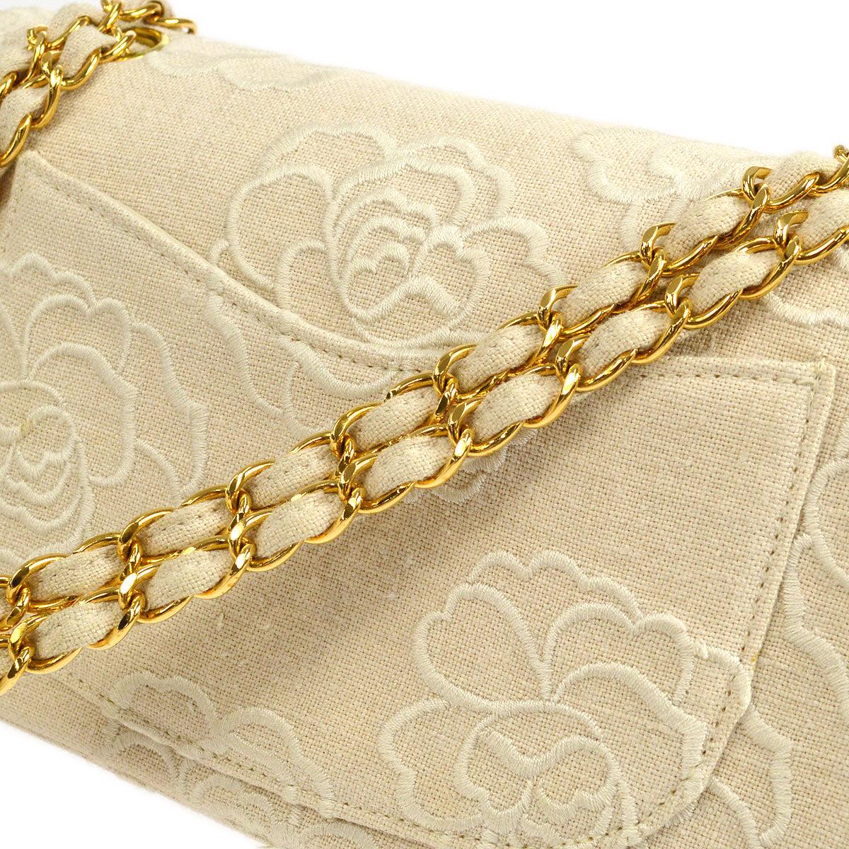 Women's CHANEL Ivory Cream Off White Canvas Gold Camilla Small Shoulder Flap Bag