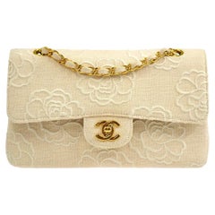 Vintage CHANEL Ivory Cream Off White Canvas Gold Camilla Small Shoulder Flap Bag