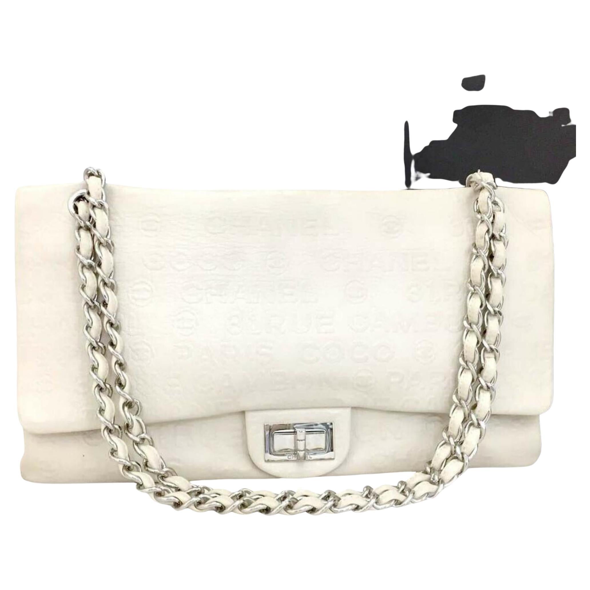Chanel Ivory Embossed CC Calfskin Maxi Double Flap SHW 2cc1108 For Sale